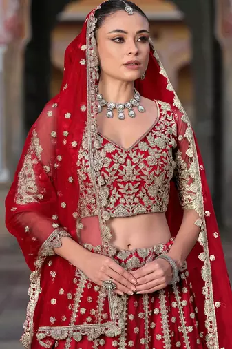 Red Embroidery Daimond & Sequins Net Semi Stitched Lehenga Set