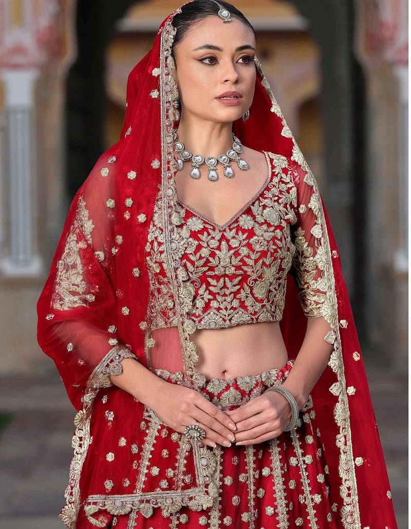 Red Embroidery Daimond & Sequins Net Semi Stitched Lehenga Set