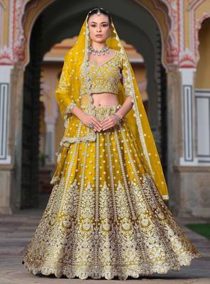 Yellow Embroidery Daimond & Sequins Net Semi Stitched Lehenga Set 1