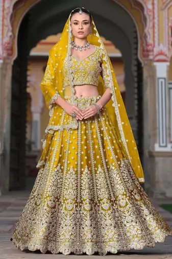 Yellow Embroidery Daimond & Sequins Net Semi Stitched Lehenga Set