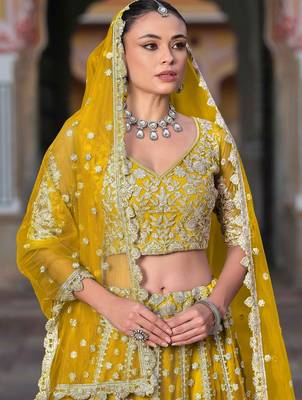 Yellow Embroidery Daimond & Sequins Net Semi Stitched Lehenga Set 2