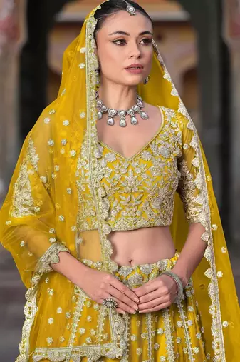 Yellow Embroidery Daimond & Sequins Net Semi Stitched Lehenga Set