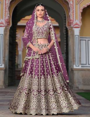 Purple Embroidery Daimond & Sequins Net Semi Stitched Lehenga Set 1