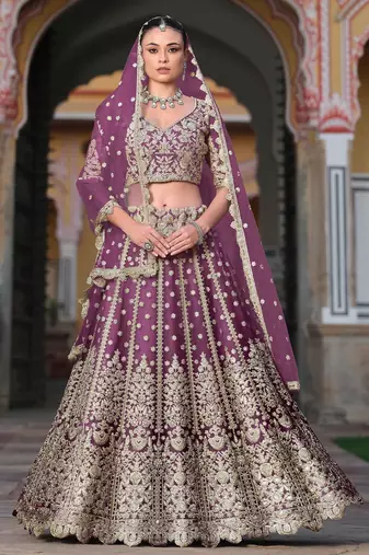 Purple Embroidery Daimond & Sequins Net Semi Stitched Lehenga Set