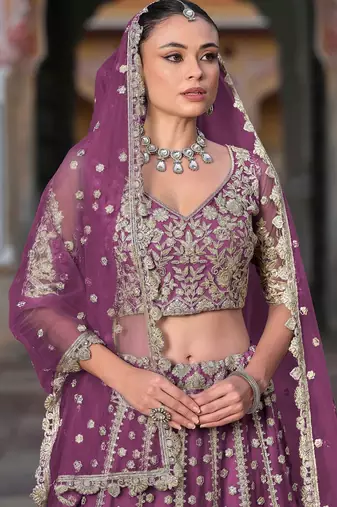Purple Embroidery Daimond & Sequins Net Semi Stitched Lehenga Set