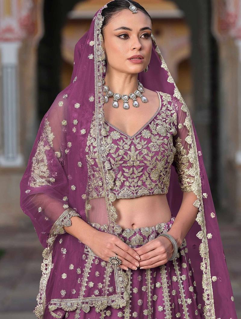 Purple Embroidery Daimond & Sequins Net Semi Stitched Lehenga Set