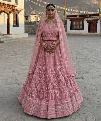 Pink Embroidery Work Diamond Work With Stones And Diamonds Net Semi Stitched Lehenga Set 1