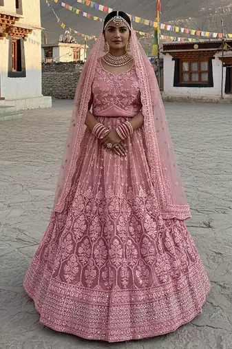 Pink Embroidery Work Diamond Work With Stones And Diamonds Net Semi Stitched Lehenga Set