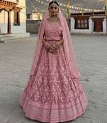 Pink Embroidery Work Diamond Work With Stones And Diamonds Net Semi Stitched Lehenga Set