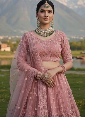 Pink Embroidery Work Diamond Work With Stones And Diamonds Net Semi Stitched Lehenga Set 2