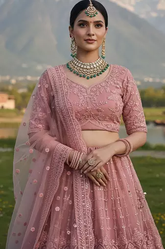 Pink Embroidery Work Diamond Work With Stones And Diamonds Net Semi Stitched Lehenga Set