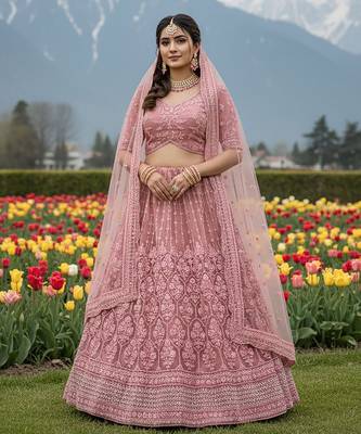 Pink Embroidery Work Diamond Work With Stones And Diamonds Net Semi Stitched Lehenga Set 3