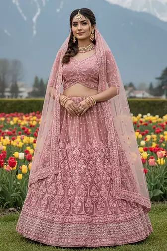 Pink Embroidery Work Diamond Work With Stones And Diamonds Net Semi Stitched Lehenga Set