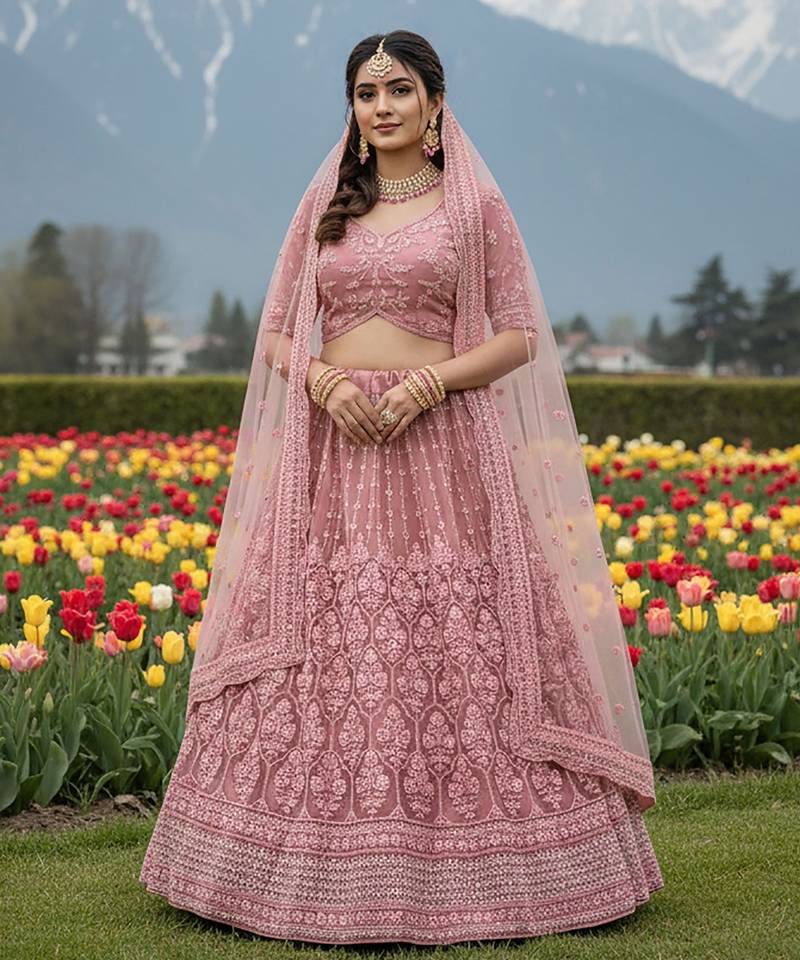 Pink Embroidery Work Diamond Work With Stones And Diamonds Net Semi Stitched Lehenga Set