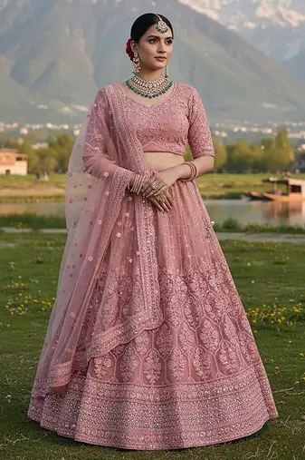 Pink Embroidery Work Diamond Work With Stones And Diamonds Net Semi Stitched Lehenga Set