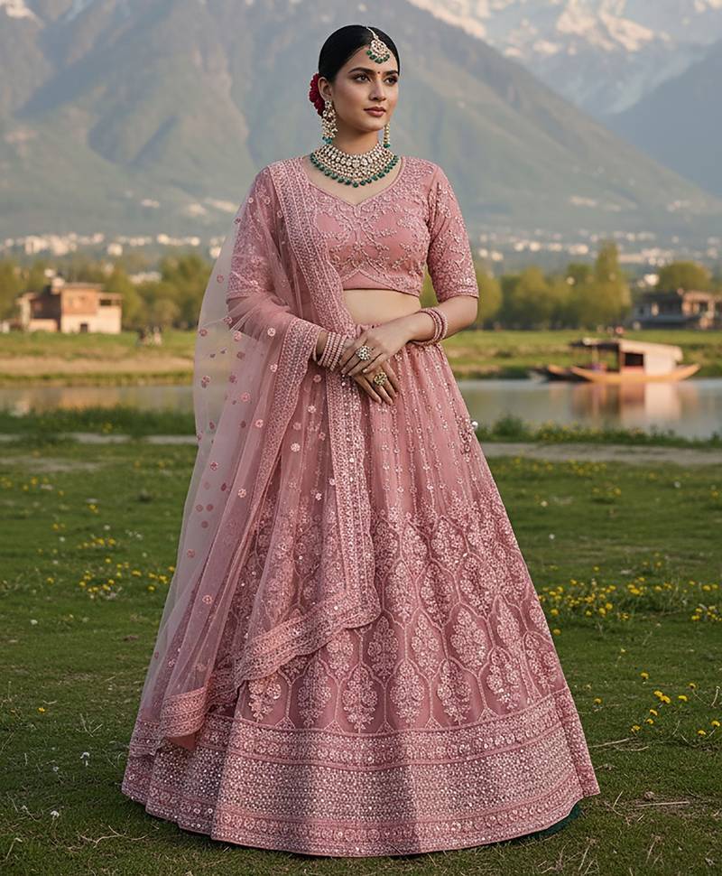 Pink Embroidery Work Diamond Work With Stones And Diamonds Net Semi Stitched Lehenga Set