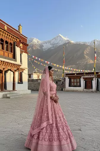 Pink Embroidery Work Diamond Work With Stones And Diamonds Net Semi Stitched Lehenga Set