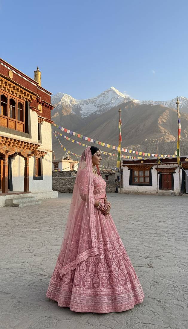 Pink Embroidery Work Diamond Work With Stones And Diamonds Net Semi Stitched Lehenga Set