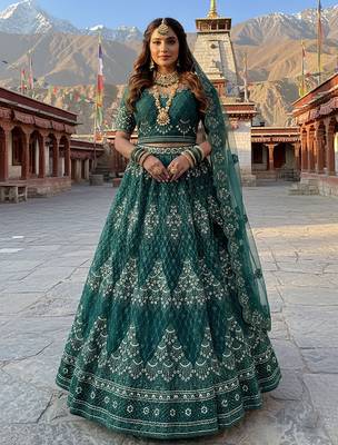 Green Embroidery Work Diamond Work With Stones And Diamonds Net Semi Stitched Lehenga Set 1