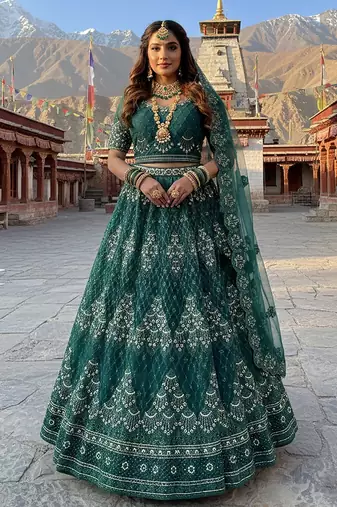 Green Embroidery Work Diamond Work With Stones And Diamonds Net Semi Stitched Lehenga Set