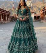 Green Embroidery Work Diamond Work With Stones And Diamonds Net Semi Stitched Lehenga Set