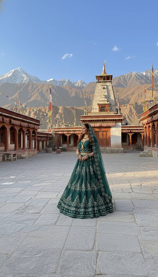 Green Embroidery Work Diamond Work With Stones And Diamonds Net Semi Stitched Lehenga Set