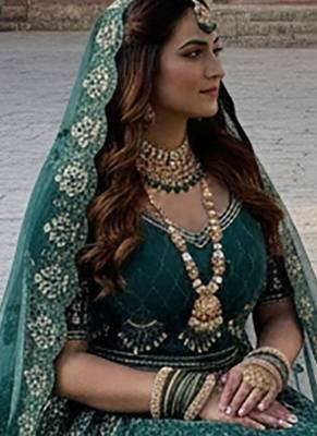 Green Embroidery Work Diamond Work With Stones And Diamonds Net Semi Stitched Lehenga Set 3
