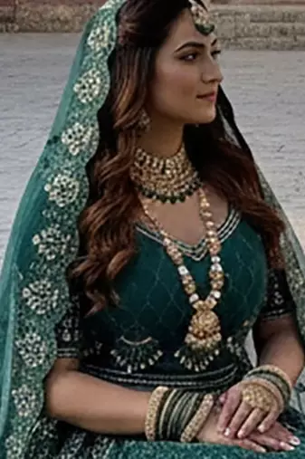 Green Embroidery Work Diamond Work With Stones And Diamonds Net Semi Stitched Lehenga Set