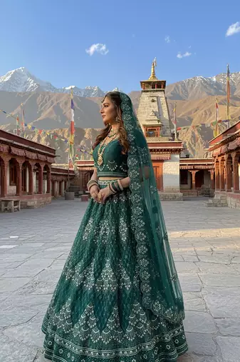 Green Embroidery Work Diamond Work With Stones And Diamonds Net Semi Stitched Lehenga Set