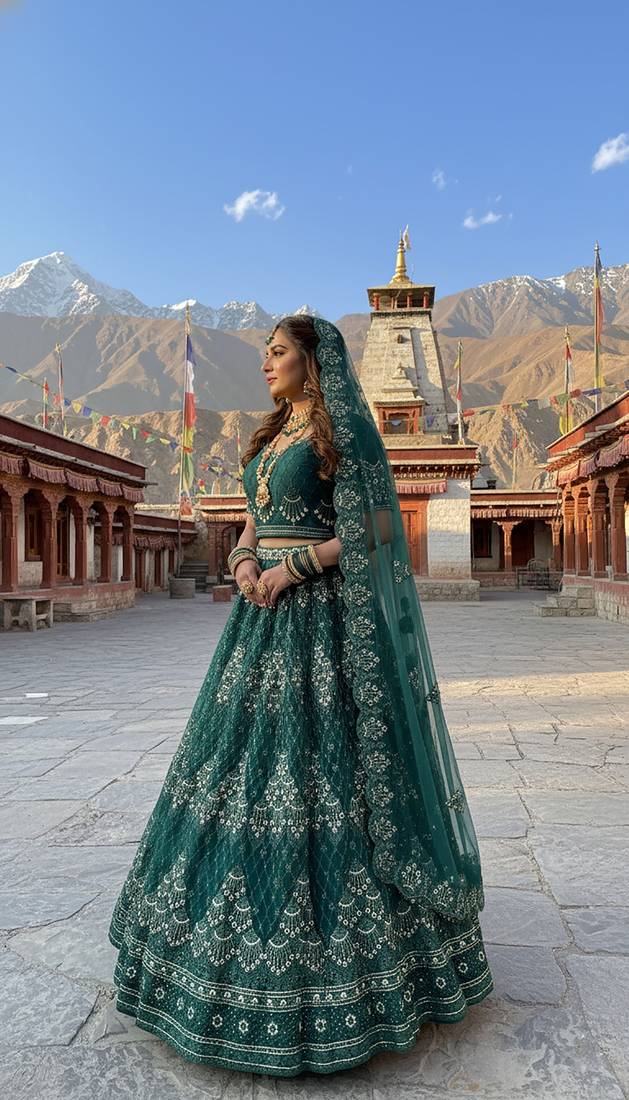 Green Embroidery Work Diamond Work With Stones And Diamonds Net Semi Stitched Lehenga Set