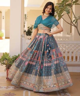 Rama Rich Digital Printed With Foil Embroidery Work Blended Cotton Semi Stitched Lehenga Set 1