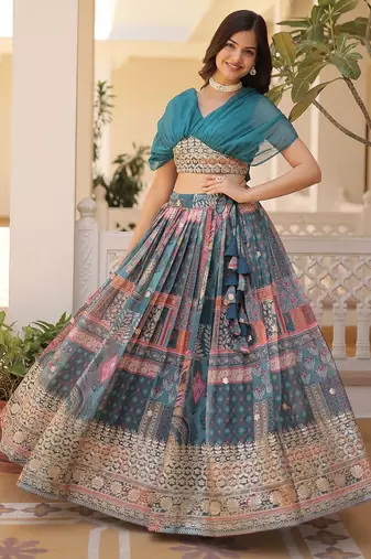 Rama Rich Digital Printed With Foil Embroidery Work Blended Cotton Semi Stitched Lehenga Set