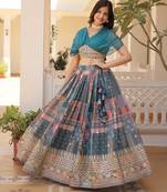 Rama Rich Digital Printed With Foil Embroidery Work Blended Cotton Semi Stitched Lehenga Set