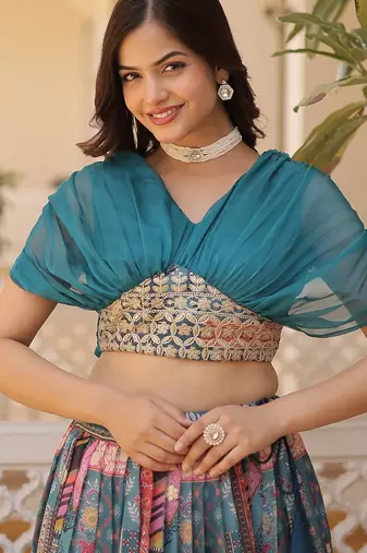 Rama Rich Digital Printed With Foil Embroidery Work Blended Cotton Semi Stitched Lehenga Set