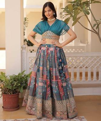 Rama Rich Digital Printed With Foil Embroidery Work Blended Cotton Semi Stitched Lehenga Set 3