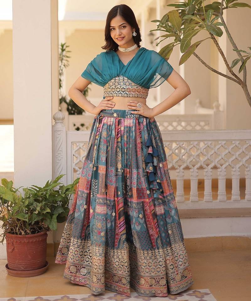 Rama Rich Digital Printed With Foil Embroidery Work Blended Cotton Semi Stitched Lehenga Set