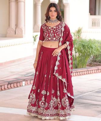 Maroon Heavy Sequins & Thread Embroidered Work Blended Cotton Semi Stitched Lehenga Set 1