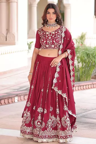 Maroon Heavy Sequins & Thread Embroidered Work Blended Cotton Semi Stitched Lehenga Set