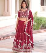 Maroon Heavy Sequins & Thread Embroidered Work Blended Cotton Semi Stitched Lehenga Set