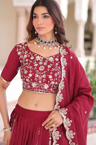 Maroon Heavy Sequins & Thread Embroidered Work Blended Cotton Semi Stitched Lehenga Set