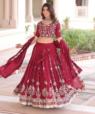 Maroon Heavy Sequins & Thread Embroidered Work Blended Cotton Semi Stitched Lehenga Set 3