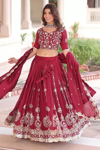 Maroon Heavy Sequins & Thread Embroidered Work Blended Cotton Semi Stitched Lehenga Set