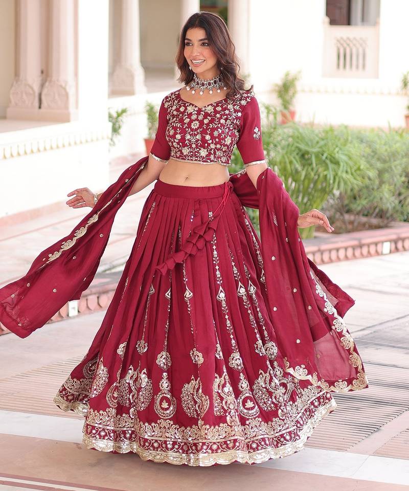 Maroon Heavy Sequins & Thread Embroidered Work Blended Cotton Semi Stitched Lehenga Set