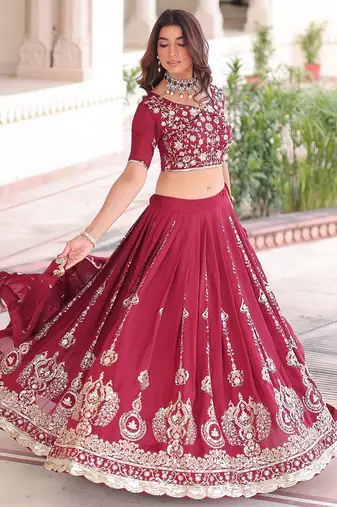 Maroon Heavy Sequins & Thread Embroidered Work Blended Cotton Semi Stitched Lehenga Set