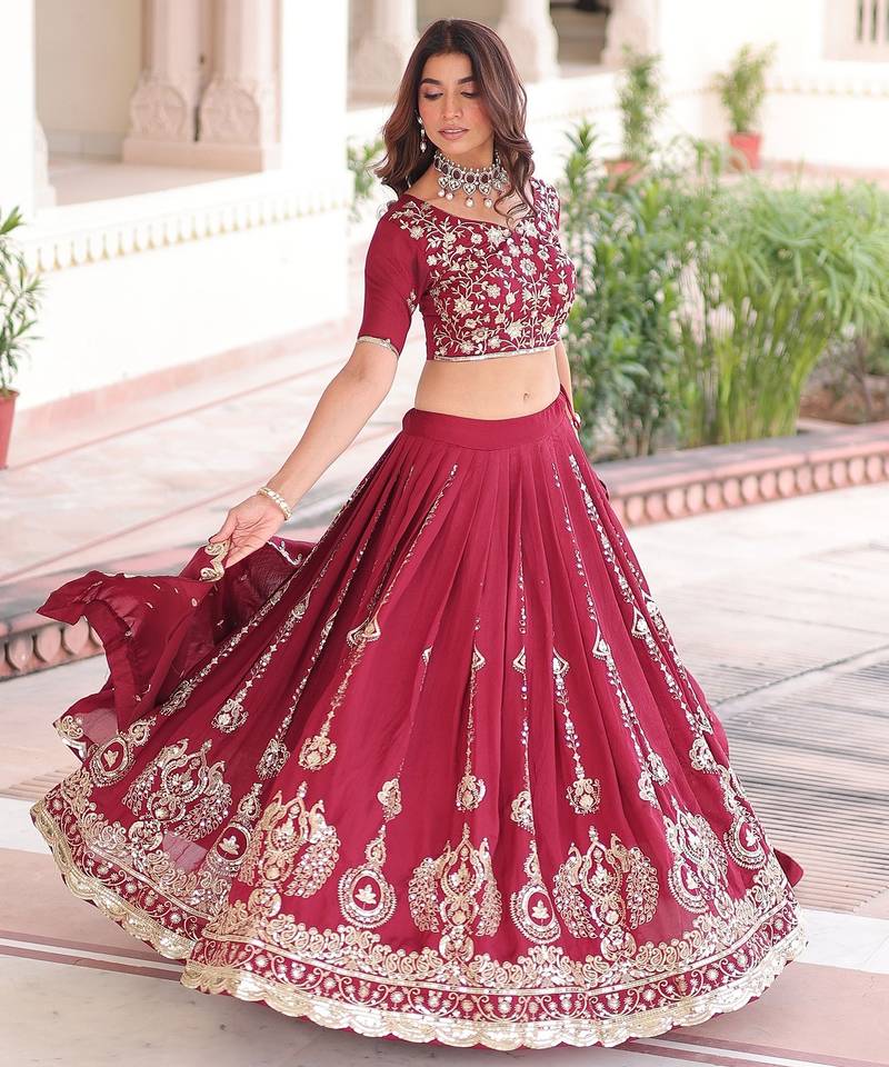 Maroon Heavy Sequins & Thread Embroidered Work Blended Cotton Semi Stitched Lehenga Set