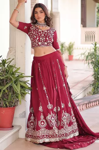 Maroon Heavy Sequins & Thread Embroidered Work Blended Cotton Semi Stitched Lehenga Set