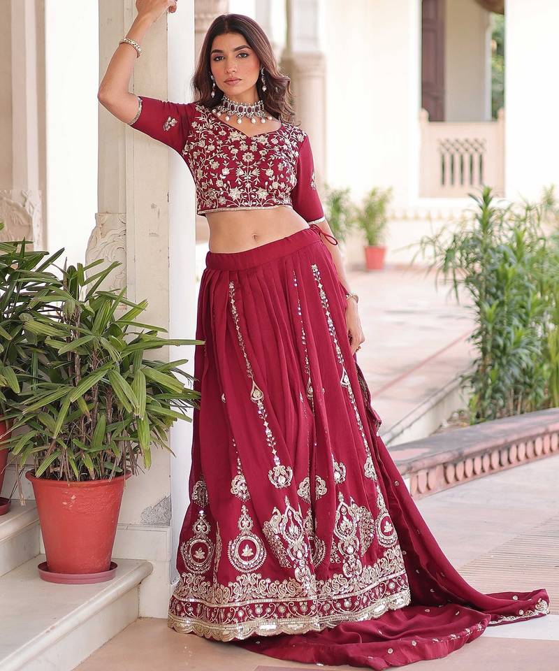 Maroon Heavy Sequins & Thread Embroidered Work Blended Cotton Semi Stitched Lehenga Set