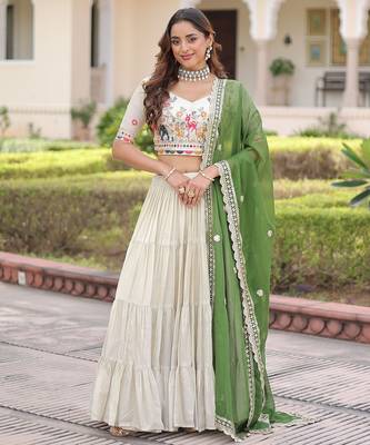 Cream Multi Thread Embroidery Zari Coding Sequins-Work Blended Cotton Semi Stitched Lehenga Set 1