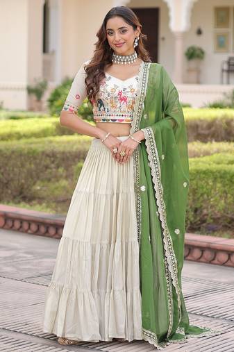 Cream Multi Thread Embroidery Zari Coding Sequins-Work Blended Cotton Semi Stitched Lehenga Set