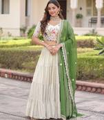 Cream Multi Thread Embroidery Zari Coding Sequins-Work Blended Cotton Semi Stitched Lehenga Set